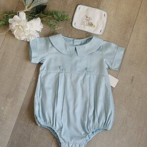 Strasburg Blue Cotton Bubble Creeper Removable Bunny Plaque 9/12 Months Like New